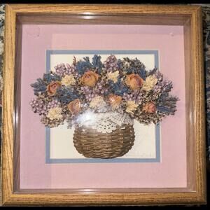 Vtg Brookpoint Farm Flowers Shadow Box Basket Dried Flowers 1988 Oak Signed